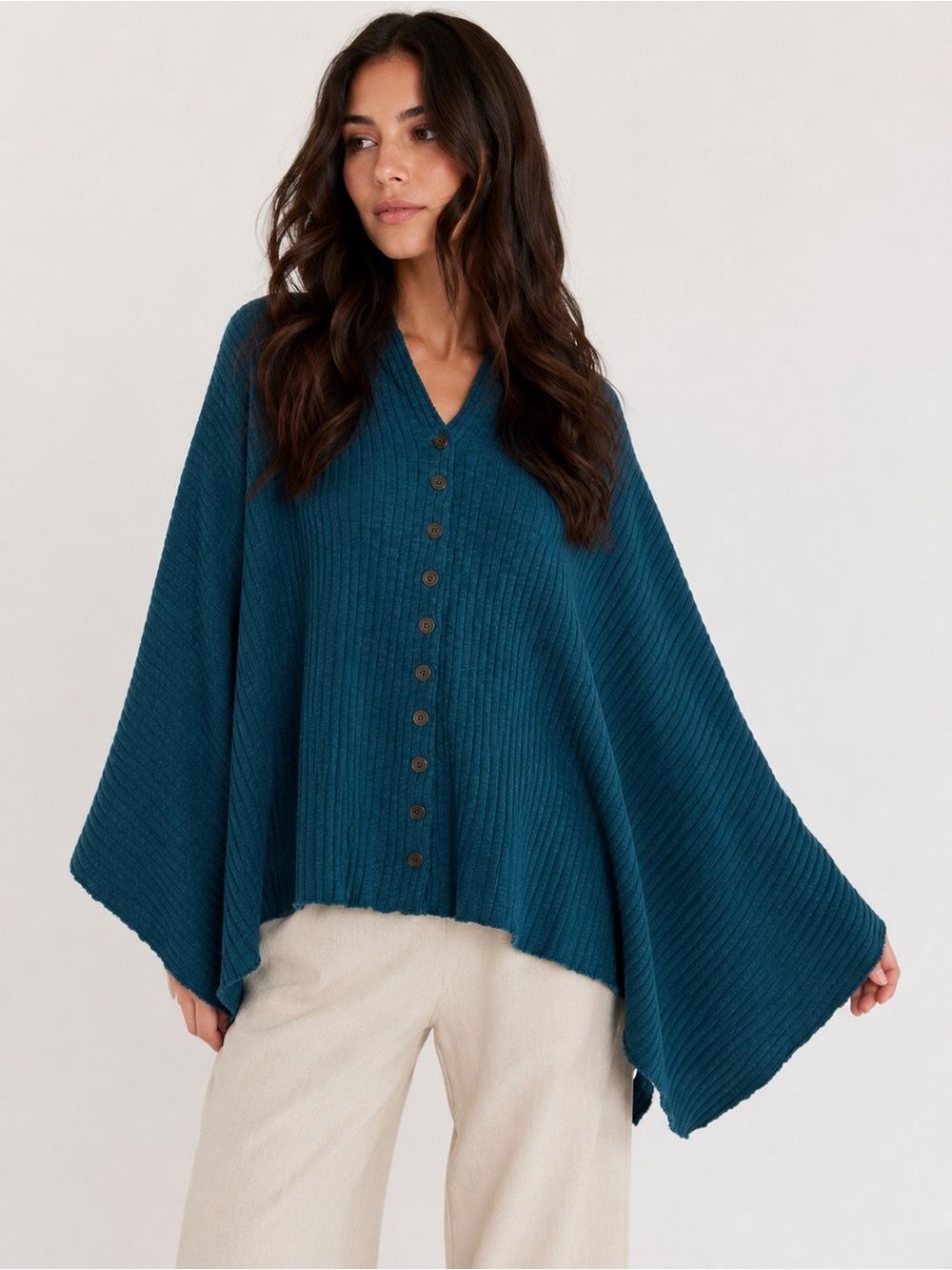 Chalet et ci 100% Cotton Ribbed Knit Slouchy Lagenlook Blue Button Poncho Large